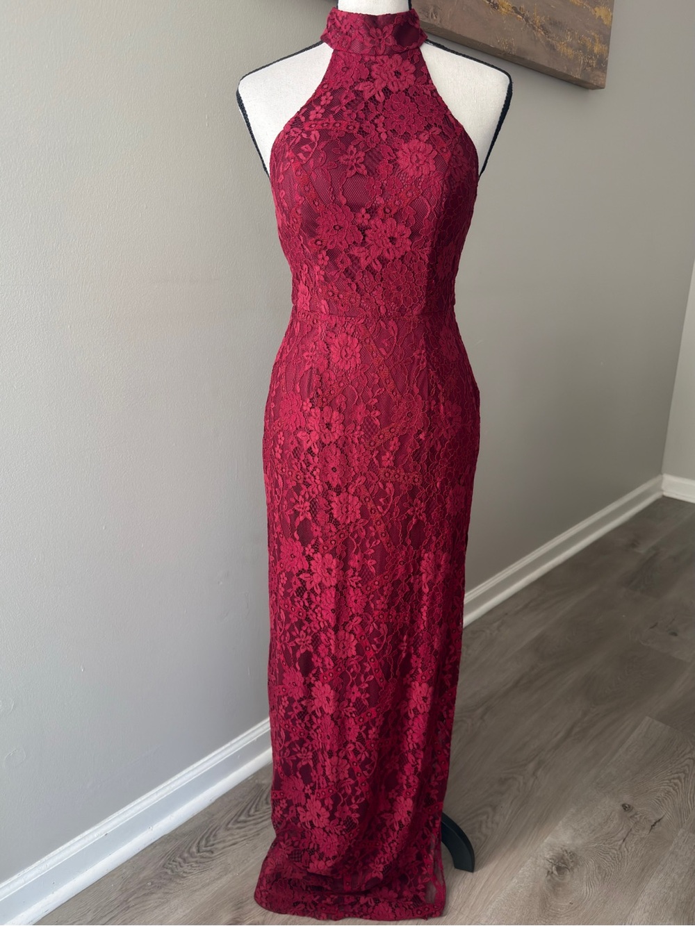 DB Studio Wine Allover Lace Halter Gown with Slit Size 4